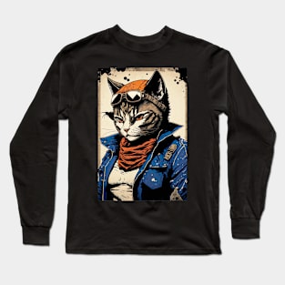 Cool cat portrait wearing a blue jacket Long Sleeve T-Shirt